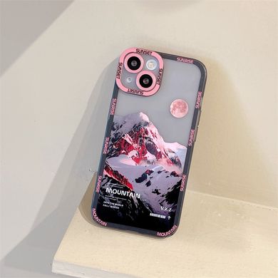 Чехол для iPhone 15 Snowy Mountains с защитой камеры Прозрачно-розовый