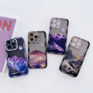 Чехол для iPhone 15 Scenery Mountains с защитой камеры Прозрачно-фиолетовый