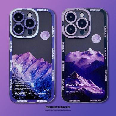 Чехол для iPhone 15 Plus Scenery Mountains с защитой камеры Прозрачно-фиолетовый