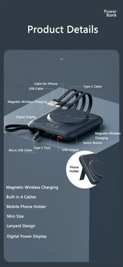 Бездротовий Повербанк MagSafe Power Bank для iPhone 10000 mAh 22.5W + 3 cables (Micro/ Usb-C/ Lightning) Магсейф Павербанк з бездротовою зарядкою Purple