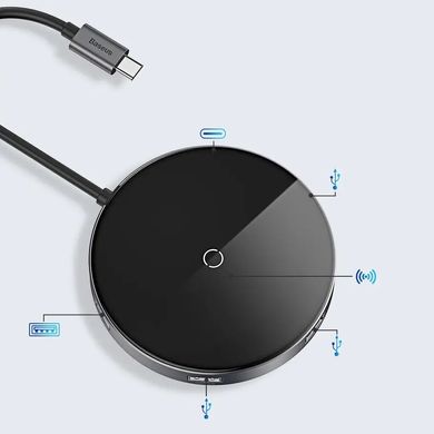 USB хаб + бездротовий зарядний пристрій (10W) Baseus Circular Mirror Wireless Charger HUB (TYPE-C to USB 3.0 * 1 + USB2.0 * 3 / TYPE-C PD) Deep gray (WXJMY-0G)