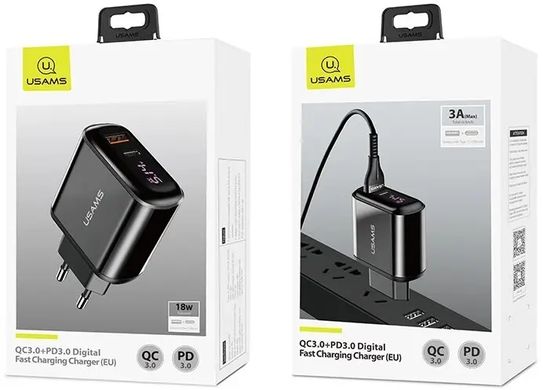 Мережевий зарядний пристрій (18W, QC3.0, PD3.0) з дисплеєм USAMS T23 Digital Display Fast Charger EU Black (US-CC085)