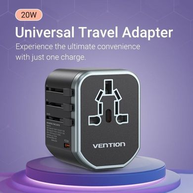Зарядний пристрій Vention 3-Port USB (C + A + A) Universal Travel Adapter (20W/18W/18W) Black (FJCB0) (FJCB0)