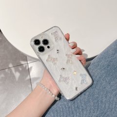 Кремовий чохол для iPhone 13 Pro 3D Teddy Bear з блискітками