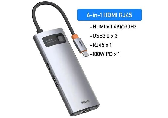 USB Type-C Хаб 6 in 1 Baseus Metal Gleam Series, USB-C to 3x USB 3.0 + HDMI + PD + RJ45