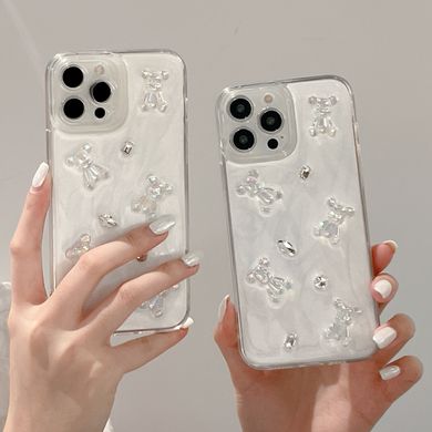 Кремовий чохол для iPhone 11 3D Teddy Bear з блискітками
