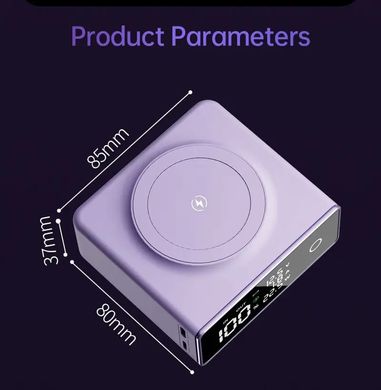 Бездротовий Повербанк MagSafe Power Bank для iPhone 10000 mAh 22.5W + 3 cables (Micro/ Usb-C/ Lightning) Магсейф Павербанк з бездротовою зарядкою Purple