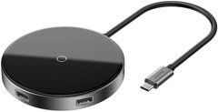 USB хаб + бездротовий зарядний пристрій (10W) Baseus Circular Mirror Wireless Charger HUB (TYPE-C to USB 3.0 * 1 + USB2.0 * 3 / TYPE-C PD) Deep gray (WXJMY-0G)