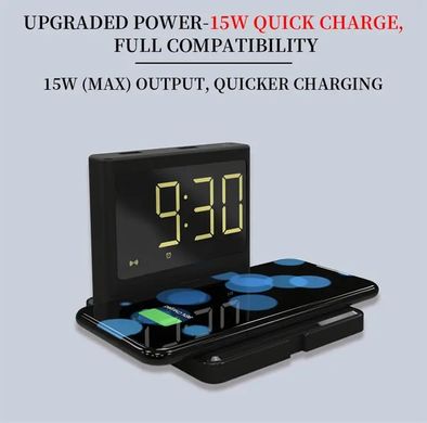 Бездротовий зарядний пристрій Wireless Fast Charge 15W/Годинники/Будильник + 2 USB| Black