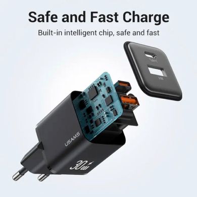 Сетевое зарядное устройство Usams US-CC189 PD30W+QC3.0 A+C Dual-port Fast Charger (EU)--X-ron Series Black (CC189TC01)