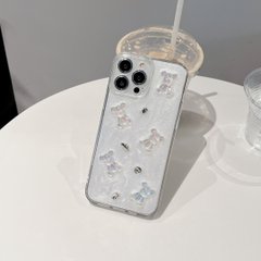 Кремовий чохол для iPhone 15 Pro 3D Teddy Bear з блискітками