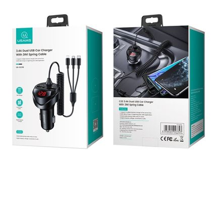 АЗП Usams US-CC119 C22 3.4A Dual USB Car Charger With 3IN1 Spring Cable Black (CC119TC01)
