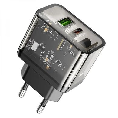 Мережевий зарядний пристрій HOCO N34 Dazzling dual-port PD20W+QC3.0 charger Transparent Black (6931474799166)