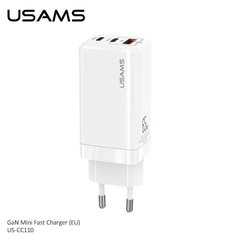 Адаптер мережевий USAMS GaN Mini Fast Charger US-CC110 | 1USB / 2Type-C, QC / PD, 65W, 5A | white