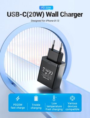 Зарядний пристрій Vention 1-port USB-C Wall Charger(20W) EU-Plug Black (FADB0-EU) (FADB0-EU)