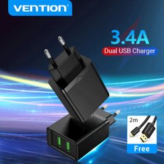 Зарядний пристрій Vention Two-Port USB(A+A) Wall Charger (18W/18W) EU-Plug Black (FBAB0-EU) (FBAB0-EU)