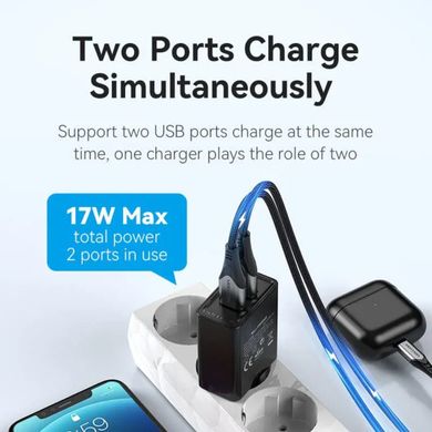Зарядний пристрій Vention Two-Port USB(A+A) Wall Charger (18W/18W) EU-Plug Black (FBAB0-EU) (FBAB0-EU)